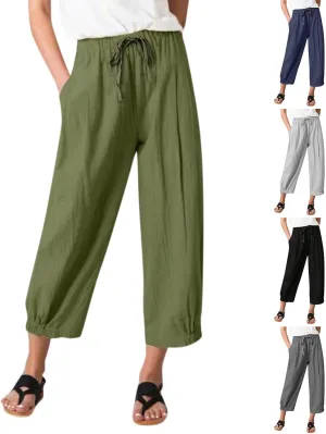 Wide Leg Linen Pants for Women Casual Elastic High Waisted Summer Cropped Pants with Pockets Loose Fit Beach Trouser