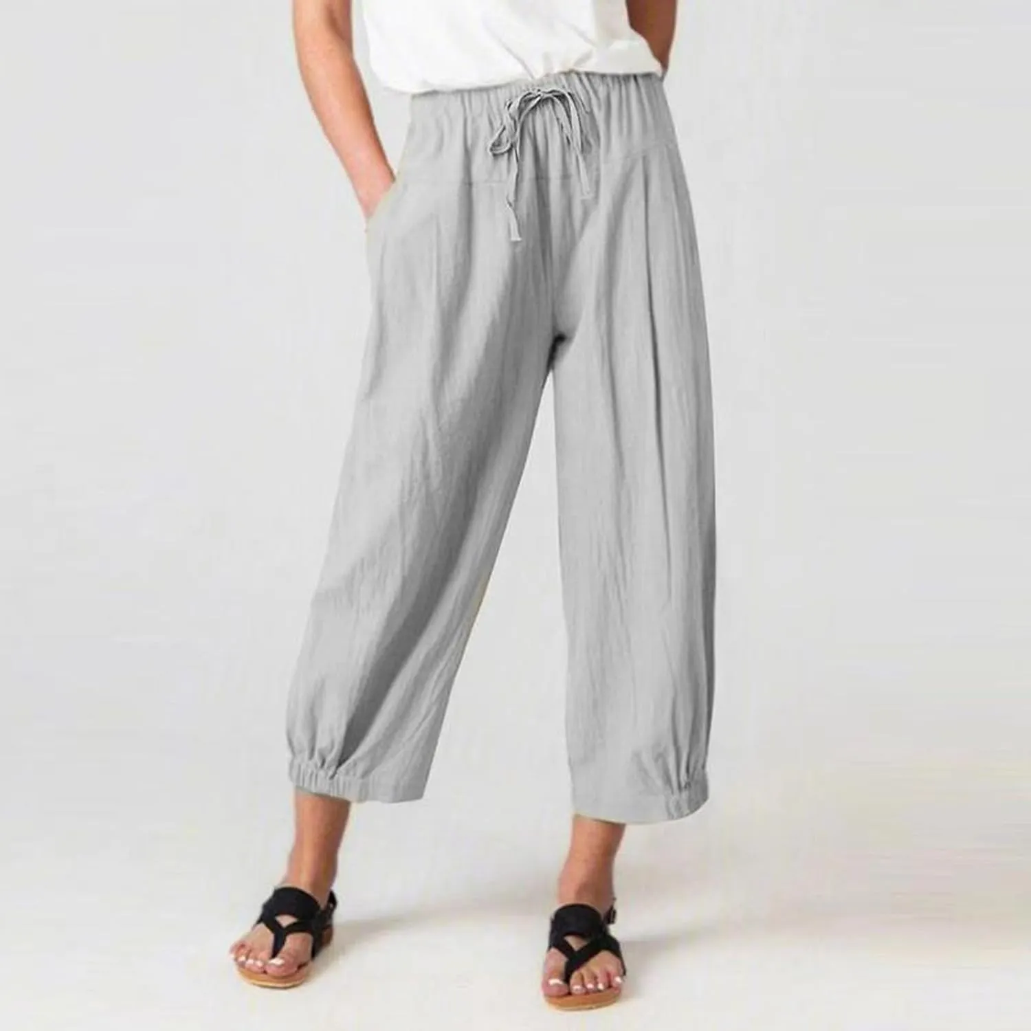 Wide Leg Linen Pants for Women Casual Elastic High Waisted Summer Cropped Pants with Pockets Loose Fit Beach Trouser