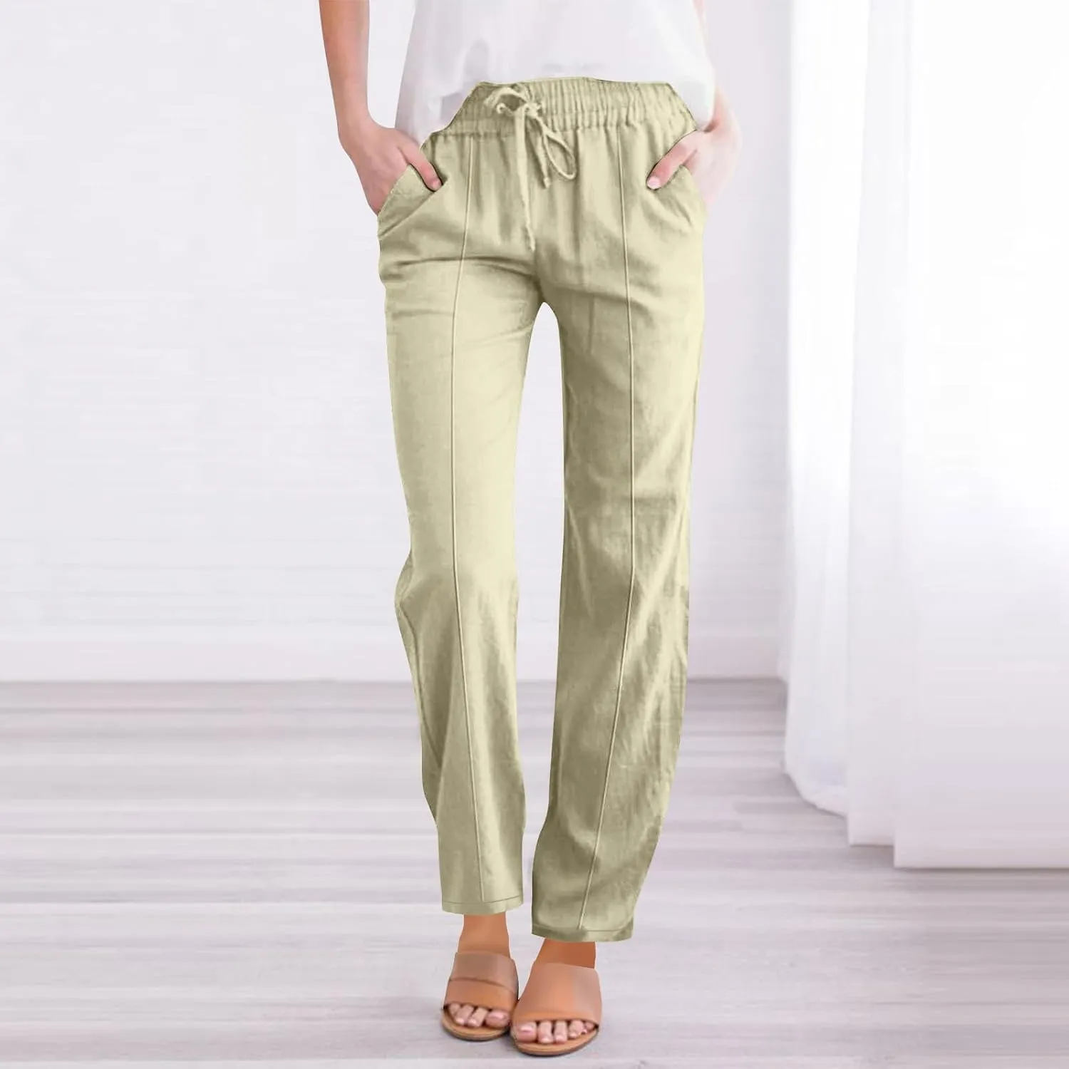 Wide Leg Linen Pants for Women Casual Loose Elastic Waisted Trousers Stripe Printed Beach Summer Pants with Pockets