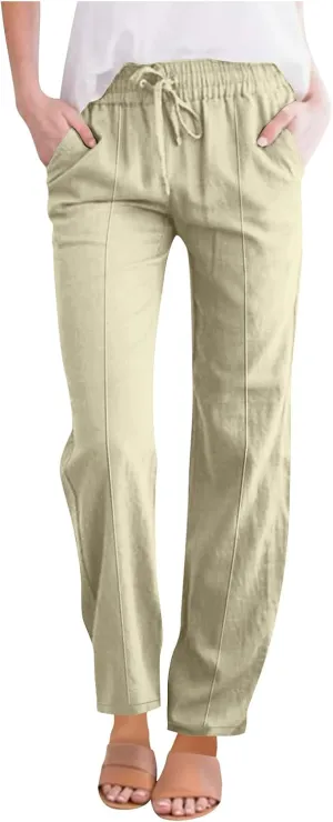 Wide Leg Linen Pants for Women Casual Loose Elastic Waisted Trousers Stripe Printed Beach Summer Pants with Pockets