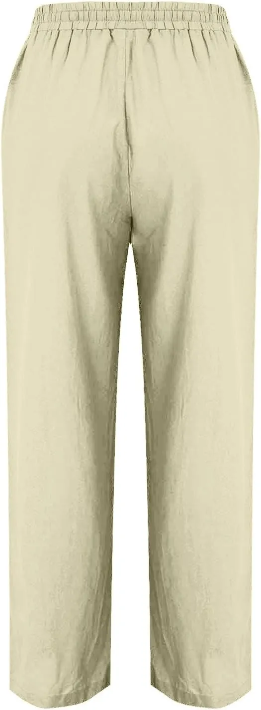 Wide Leg Linen Pants for Women Casual Loose Elastic Waisted Trousers Stripe Printed Beach Summer Pants with Pockets