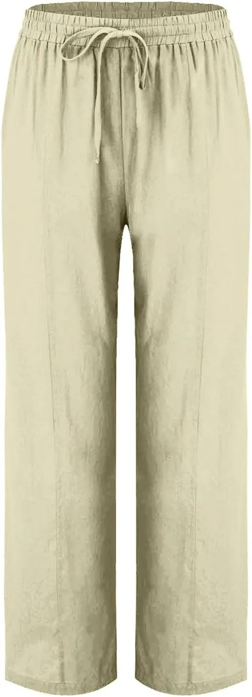 Wide Leg Linen Pants for Women Casual Loose Elastic Waisted Trousers Stripe Printed Beach Summer Pants with Pockets