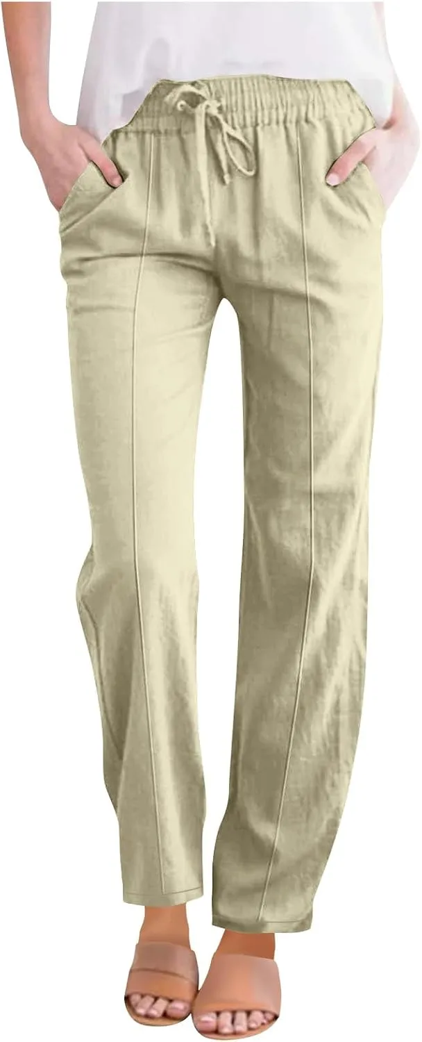 Wide Leg Linen Pants for Women Casual Loose Elastic Waisted Trousers Stripe Printed Beach Summer Pants with Pockets