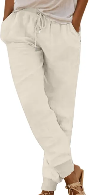 Wide Leg Linen Pants for Women High Waist Casual Loose Fit Summer Lightweight Jogger Palazzo Trouser with Pockets