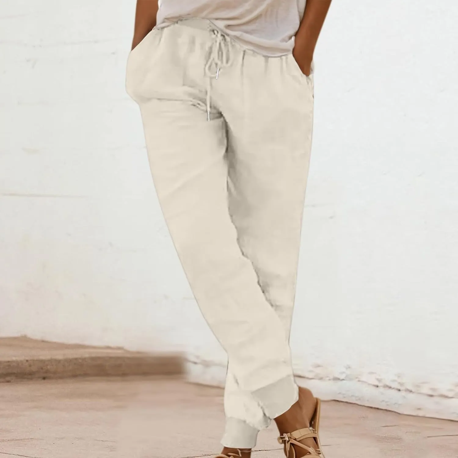 Wide Leg Linen Pants for Women High Waist Casual Loose Fit Summer Lightweight Jogger Palazzo Trouser with Pockets
