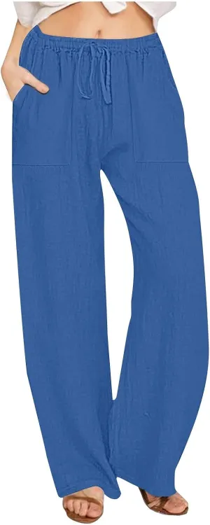 Wide Leg Linen Pants Women Summer Elastic High Waisted Lounge Pants Beach Trouser with Pockets Casual Slacks Clothes