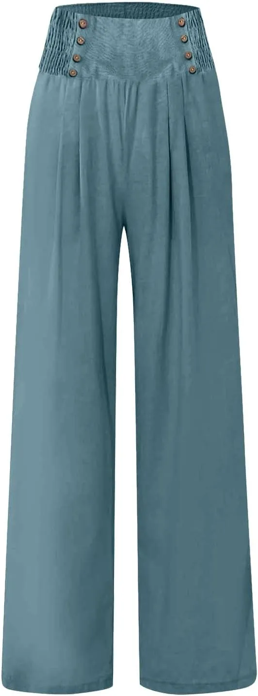 Wide Leg Lounge Pants for Women, Casual Boho Pants, High Waisted Palazzo Pants with Pockets for Work and Play