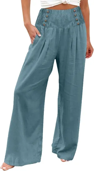 Wide Leg Lounge Pants for Women, Casual Boho Pants, High Waisted Palazzo Pants with Pockets for Work and Play