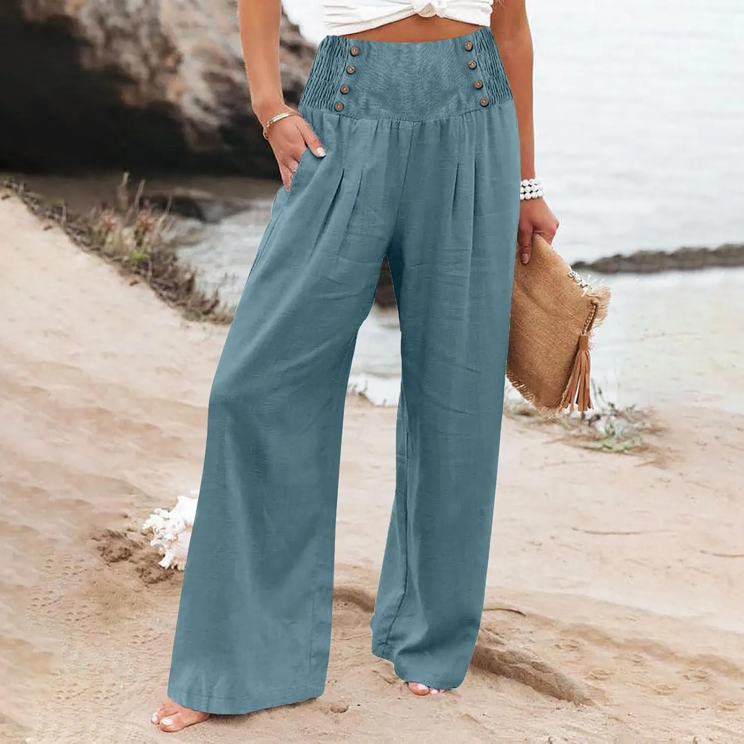 Wide Leg Lounge Pants for Women, Casual Boho Pants, High Waisted Palazzo Pants with Pockets for Work and Play