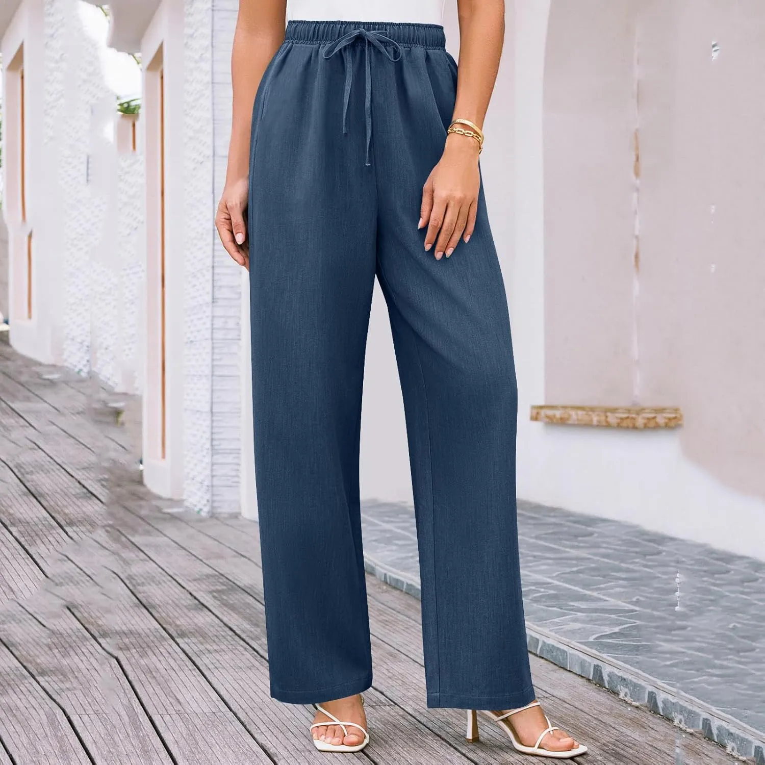 Wide Leg Pants for Women Solid Cotton Linen Drawstring Pant Casual Work Summer Baggy Trousers with Pockets