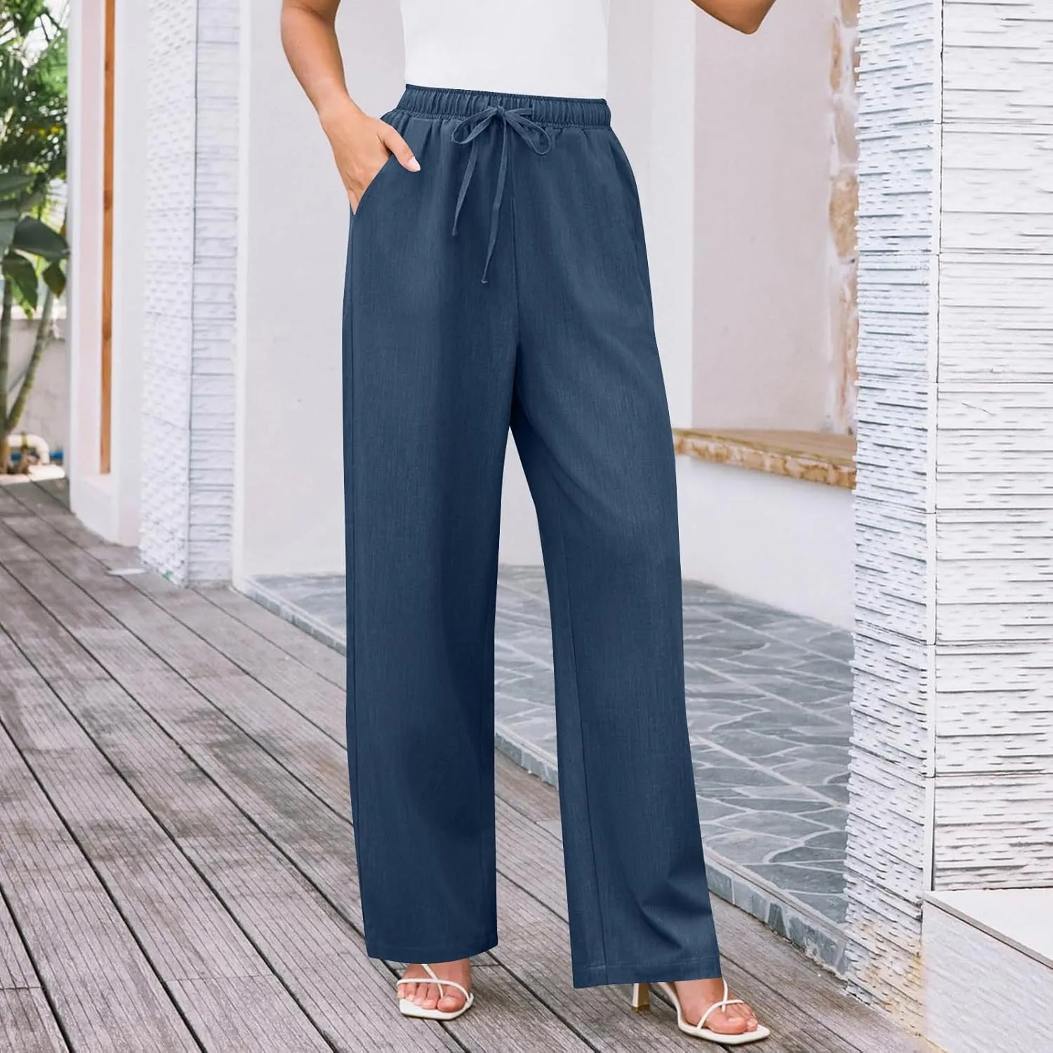 Wide Leg Pants for Women Solid Cotton Linen Drawstring Pant Casual Work Summer Baggy Trousers with Pockets