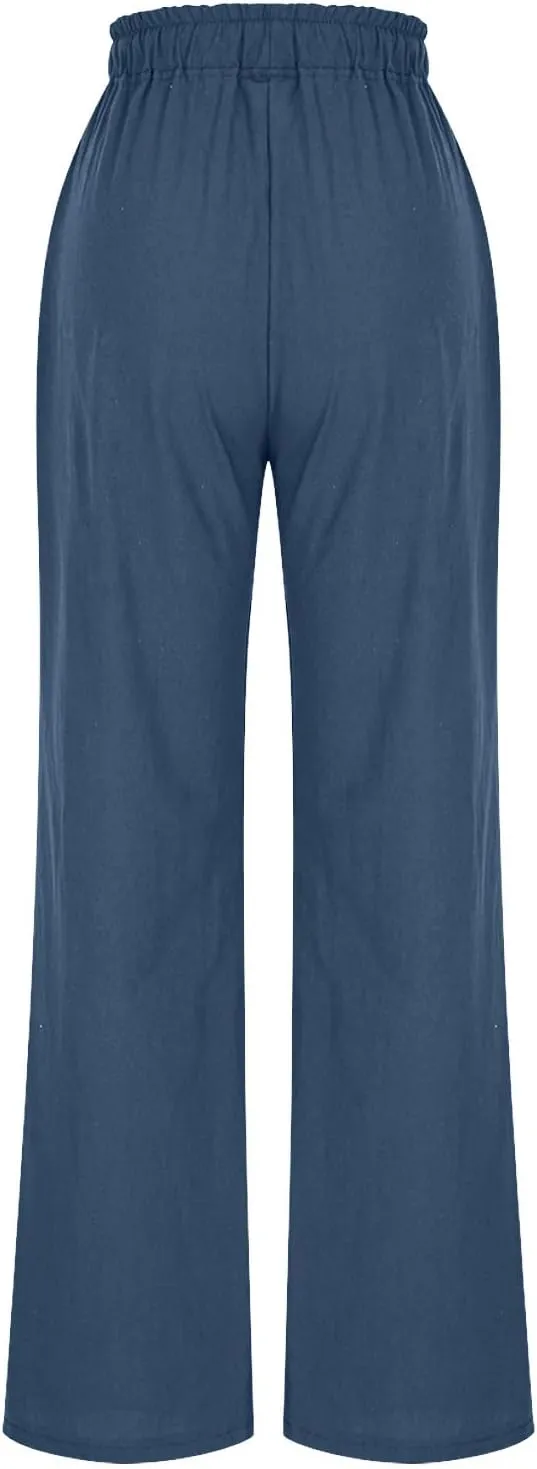 Wide Leg Pants for Women Solid Cotton Linen Drawstring Pant Casual Work Summer Baggy Trousers with Pockets