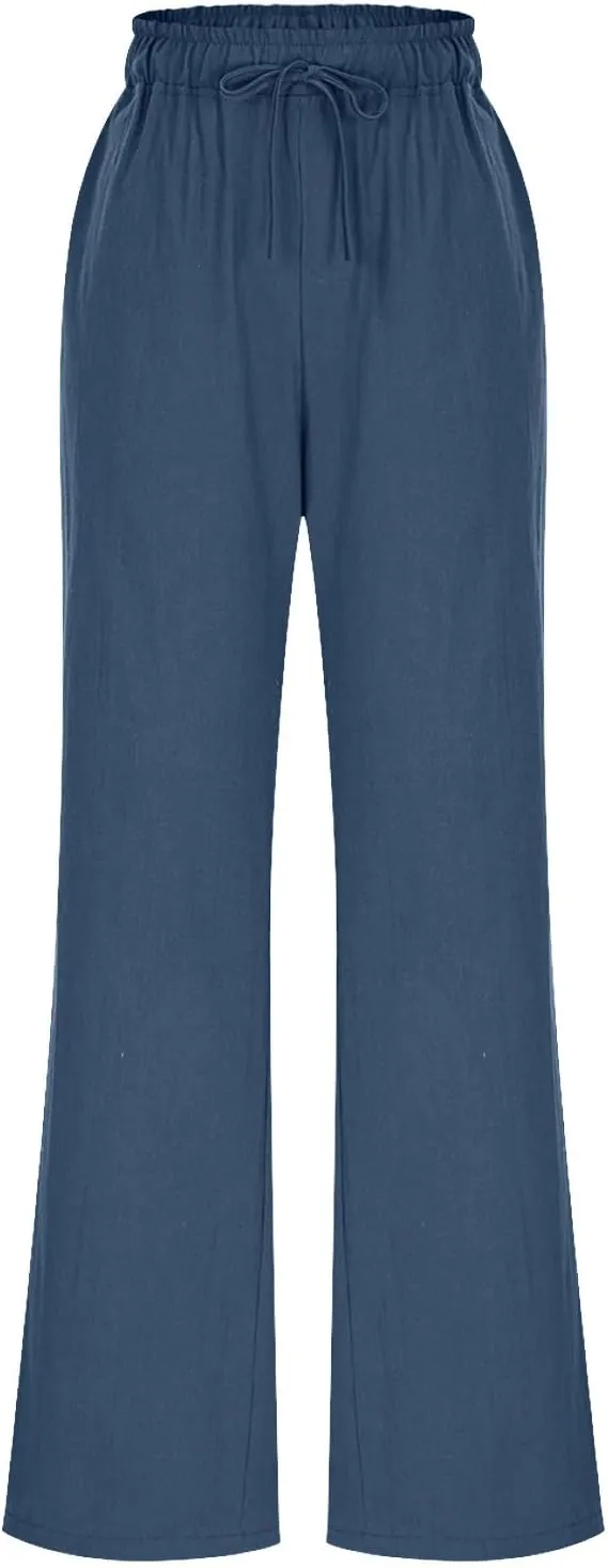 Wide Leg Pants for Women Solid Cotton Linen Drawstring Pant Casual Work Summer Baggy Trousers with Pockets