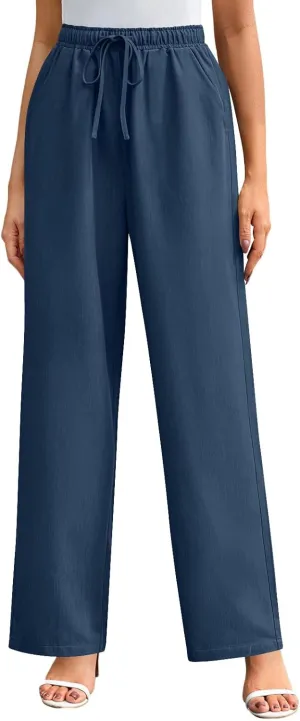 Wide Leg Pants for Women Solid Cotton Linen Drawstring Pant Casual Work Summer Baggy Trousers with Pockets