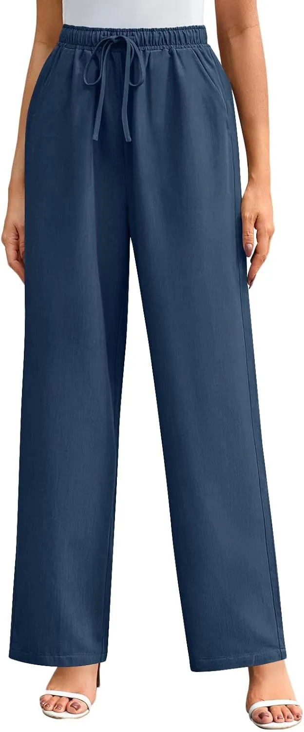 Wide Leg Pants for Women Solid Cotton Linen Drawstring Pant Casual Work Summer Baggy Trousers with Pockets