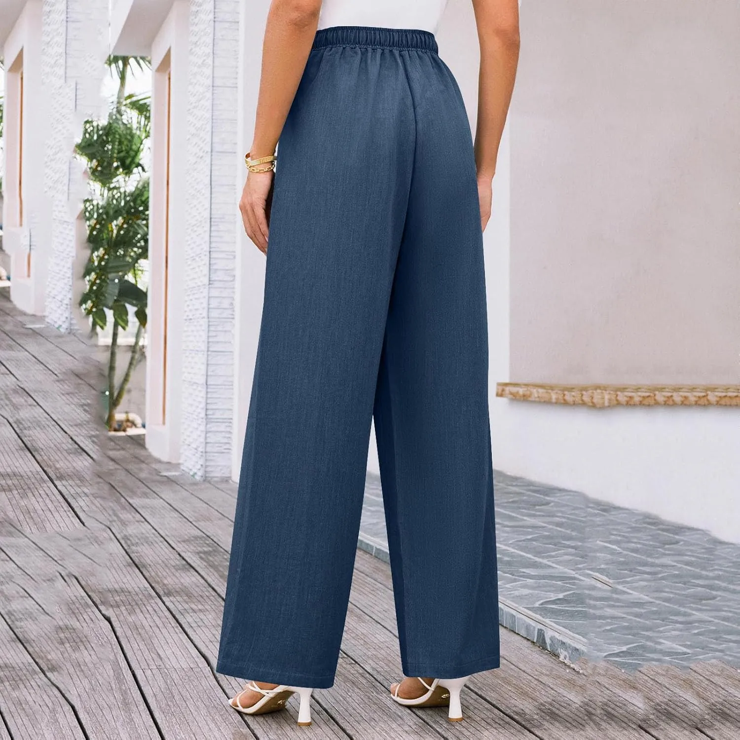 Wide Leg Pants for Women Solid Cotton Linen Drawstring Pant Casual Work Summer Baggy Trousers with Pockets