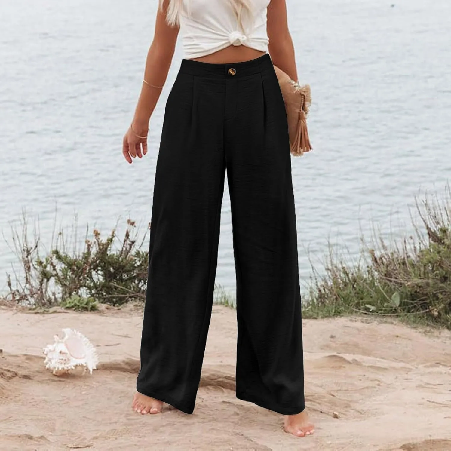 Wide Leg Pants for Women Summer High Waist Wear to Work Casual Trousers Loose Fit Straight Boho Palazzo Pants with Pockets