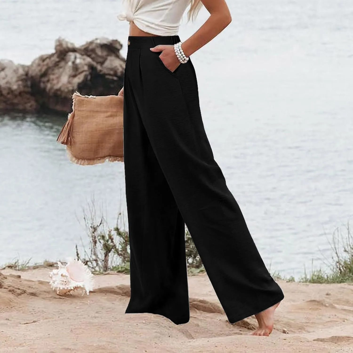 Wide Leg Pants for Women Summer High Waist Wear to Work Casual Trousers Loose Fit Straight Boho Palazzo Pants with Pockets