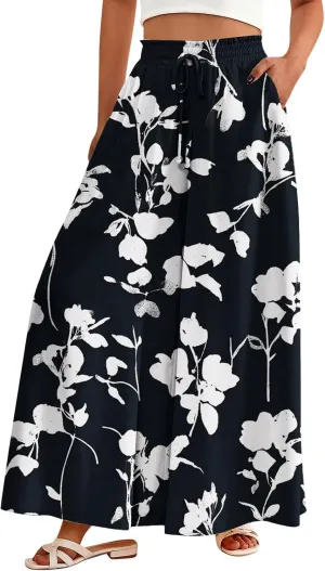 Wide Leg Pants Woman Palazzo Floral Dress Pants Flowy High Waisted Summer 2025 Beach Boho Trousers with Pockets