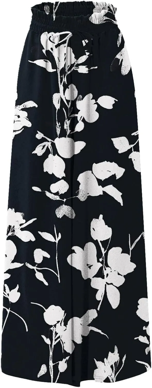 Wide Leg Pants Woman Palazzo Floral Dress Pants Flowy High Waisted Summer 2025 Beach Boho Trousers with Pockets