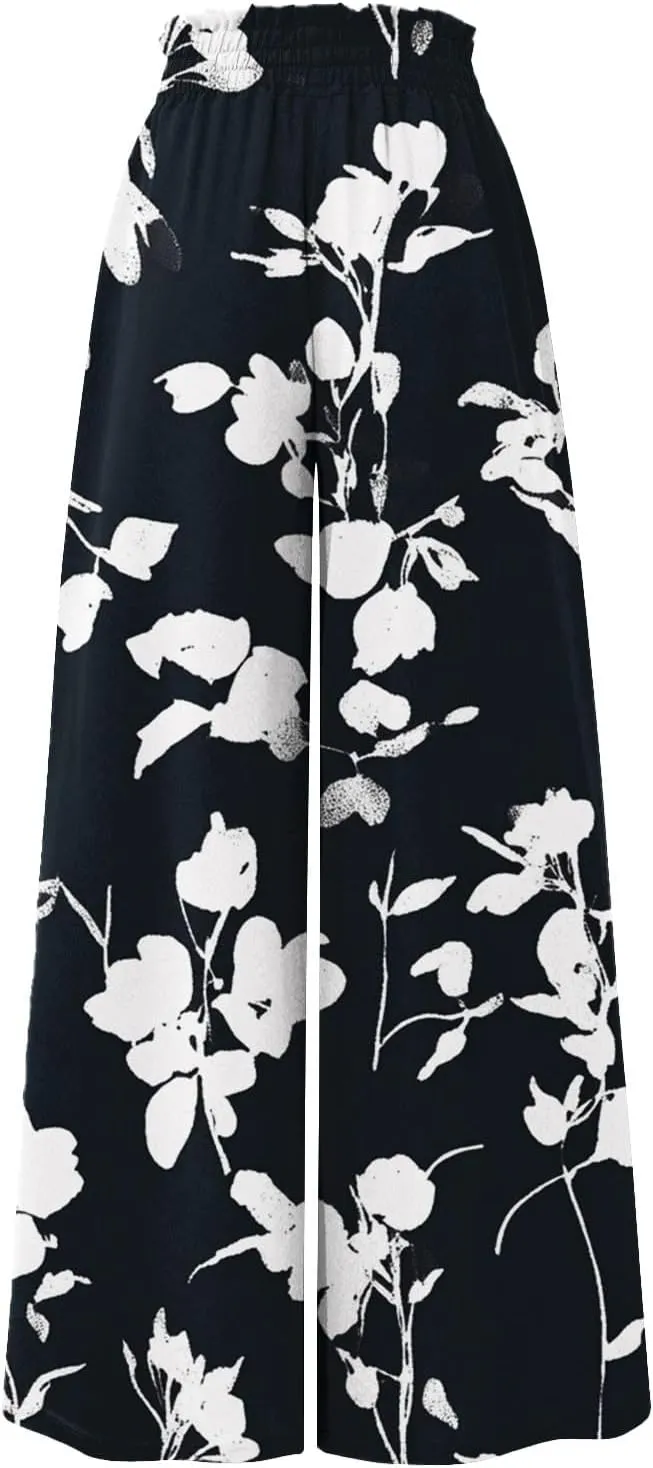 Wide Leg Pants Woman Palazzo Floral Dress Pants Flowy High Waisted Summer 2025 Beach Boho Trousers with Pockets