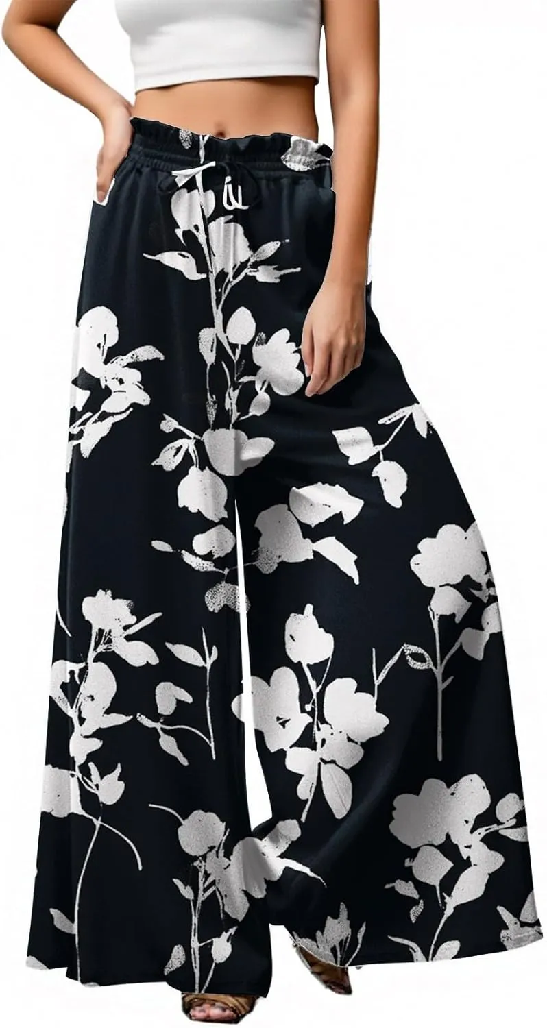 Wide Leg Pants Woman Palazzo Floral Dress Pants Flowy High Waisted Summer 2025 Beach Boho Trousers with Pockets