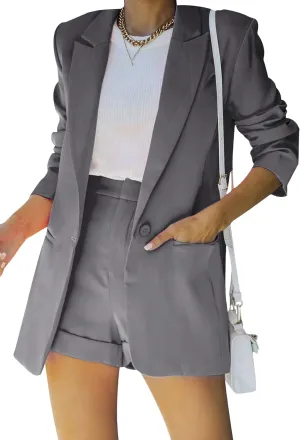 WIWIQS Women's 2 Piece Casual Long Sleeve Blazer Open Front Solid Short Pants Suit Sets
