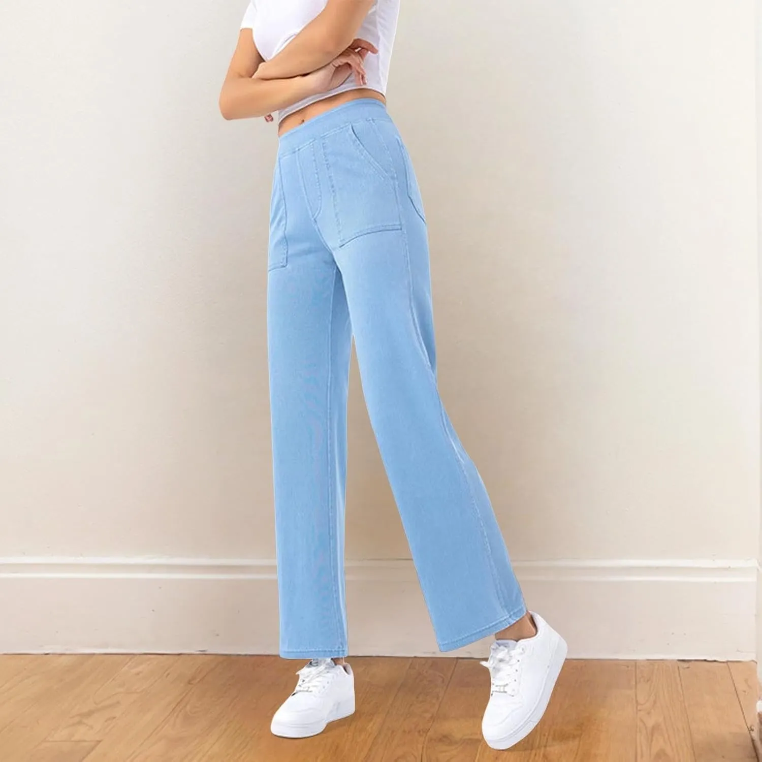 Woman Multi-Pockets Jean Pants High Waisted Stretchy Slim Straight Leg Pants Trendy Vintage Casual Baggy Denim Pant