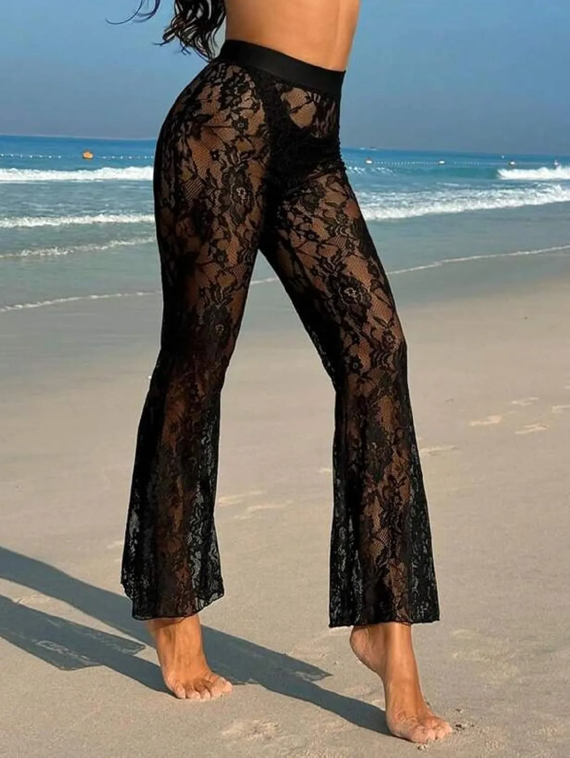 Woman Sexy See Through Lace Pants High Waist Flare Leg Trouser Solid Flower Lace Bell Bottoms Pants Streetwear