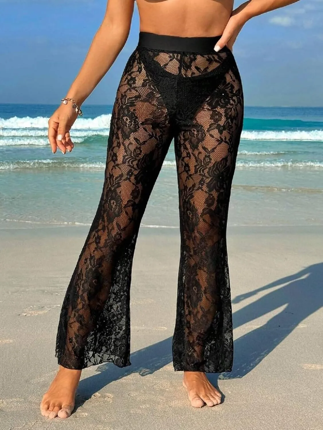 Woman Sexy See Through Lace Pants High Waist Flare Leg Trouser Solid Flower Lace Bell Bottoms Pants Streetwear