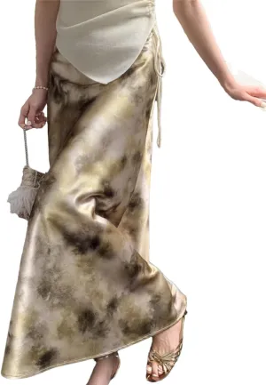 WomanS Long Skirt Silk Smooth Ink Printing High Waist Fishtail Elegant Flower Satin A-Line Skirts