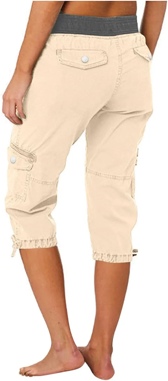 Women Cargo Capris Pants Wide Leg Casual Palazzo Pants Loose Lounge Beach Summer Cropped Trouser Shorts with Pockets