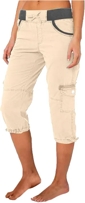 Women Cargo Capris Pants Wide Leg Casual Palazzo Pants Loose Lounge Beach Summer Cropped Trouser Shorts with Pockets