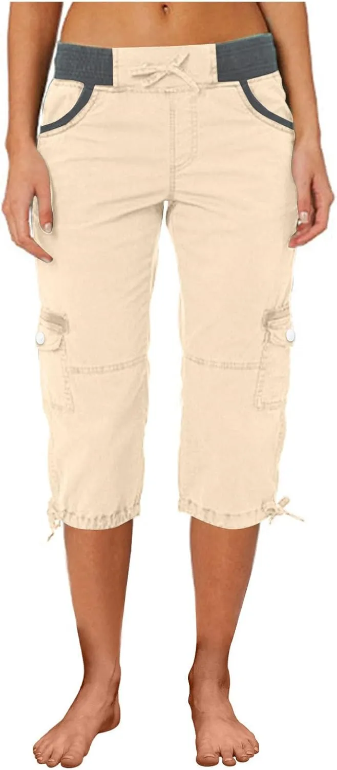Women Cargo Capris Pants Wide Leg Casual Palazzo Pants Loose Lounge Beach Summer Cropped Trouser Shorts with Pockets