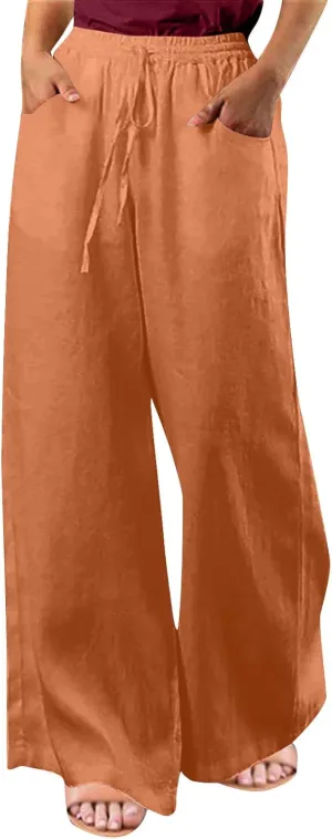Women Casual Linen Pants Summer Elastic High Waisted Palazzo Trousers Spring Drawstring Loose Baggy Lounge Slacks