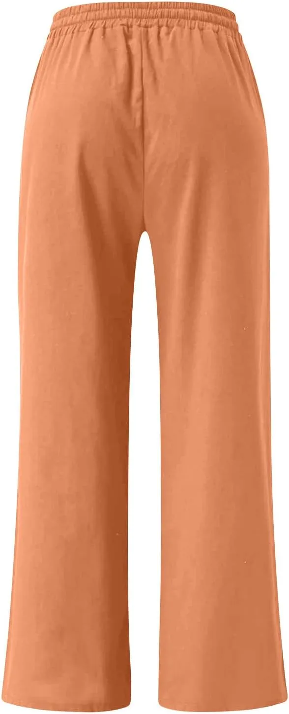 Women Casual Linen Pants Summer Elastic High Waisted Palazzo Trousers Spring Drawstring Loose Baggy Lounge Slacks