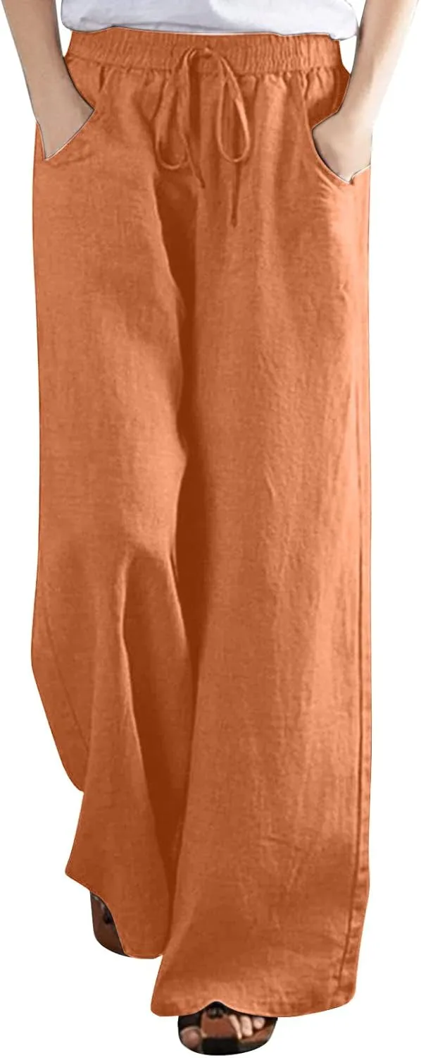 Women Casual Linen Pants Summer Elastic High Waisted Palazzo Trousers Spring Drawstring Loose Baggy Lounge Slacks