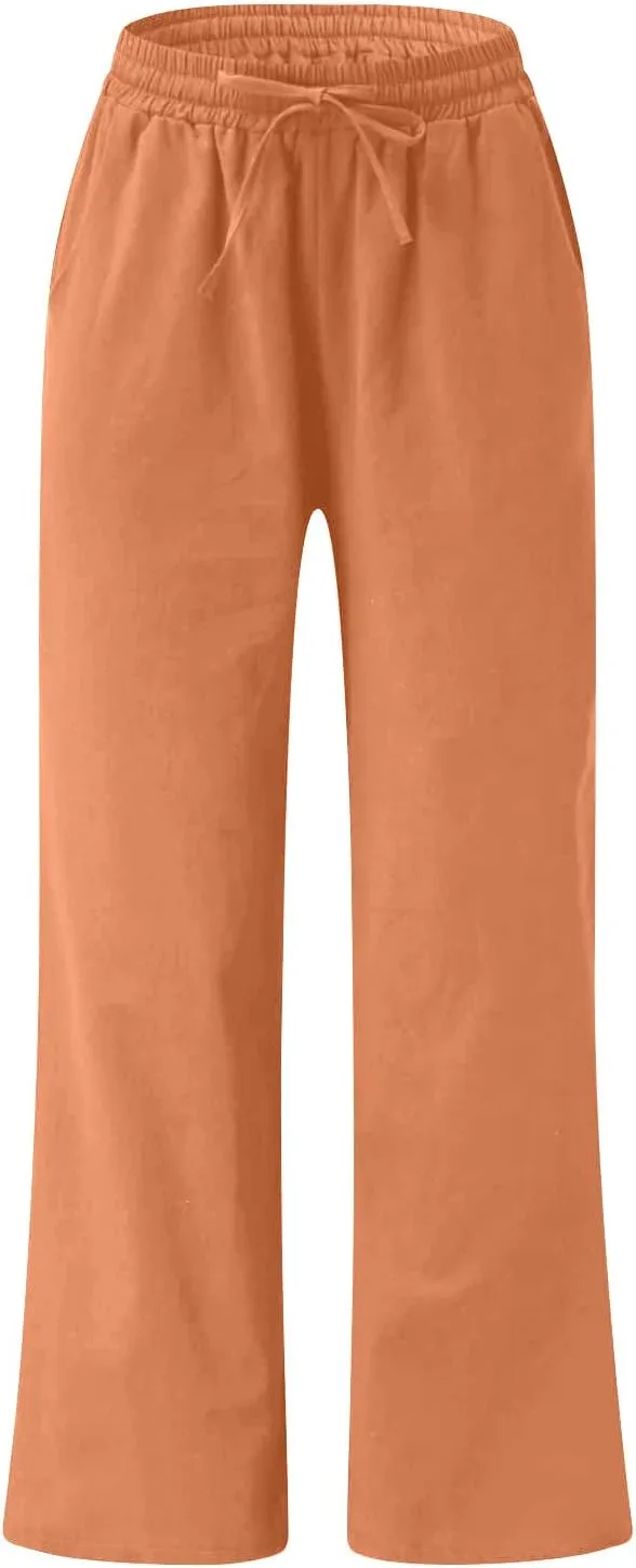 Women Casual Linen Pants Summer Elastic High Waisted Palazzo Trousers Spring Drawstring Loose Baggy Lounge Slacks