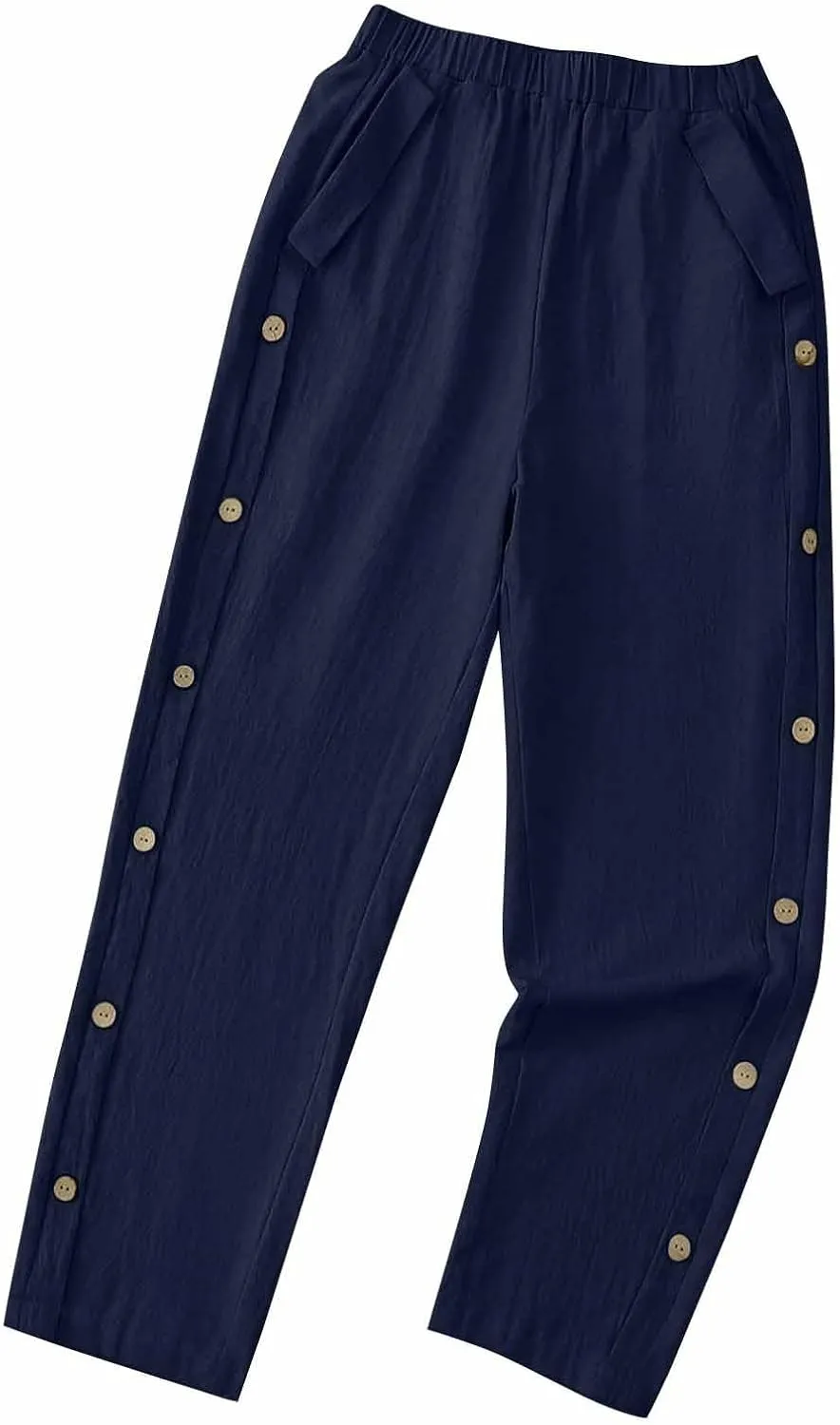 Women Casual Straight Leg Pants Fashion Side Button Cotton Linen Pant Elastic Waist Pocket Trousers Summer Outfits