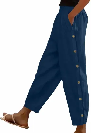 Women Casual Straight Leg Pants Fashion Side Button Cotton Linen Pant Elastic Waist Pocket Trousers Summer Outfits