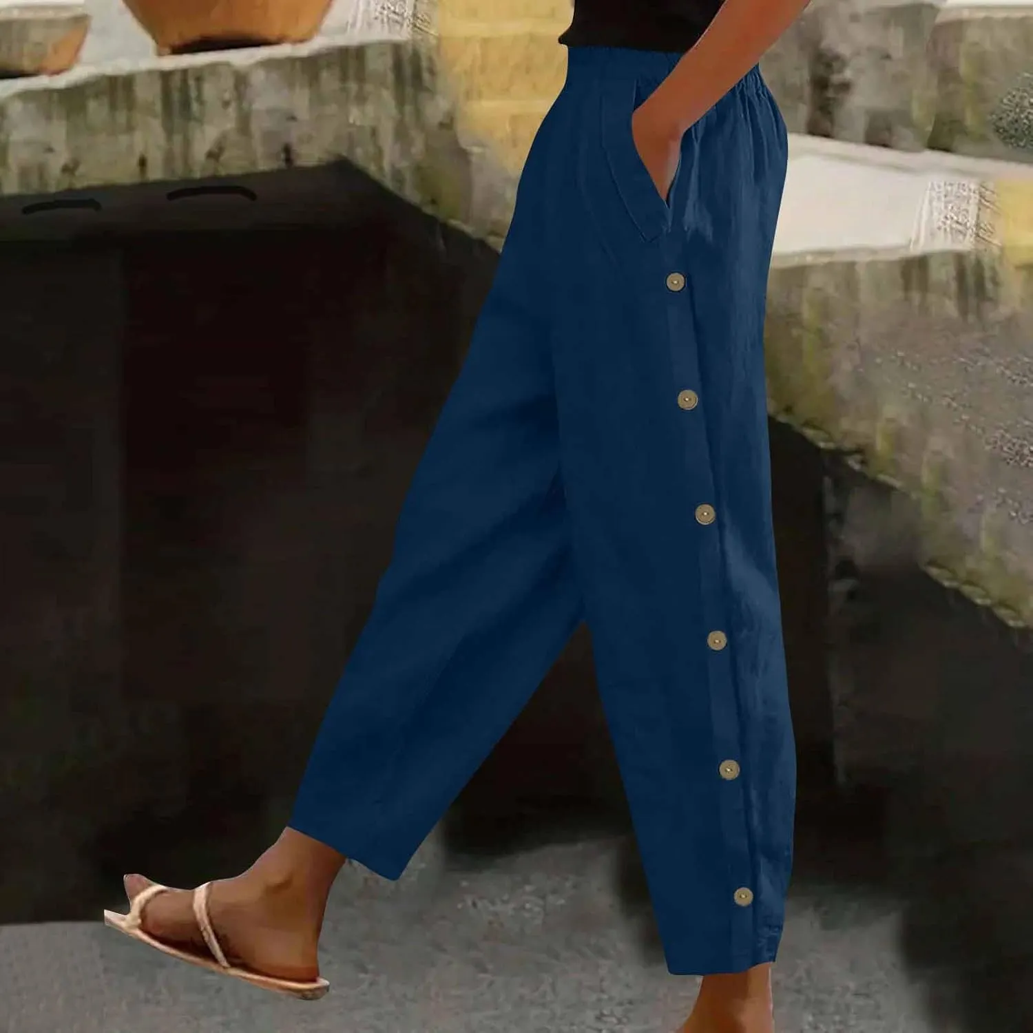 Women Casual Straight Leg Pants Fashion Side Button Cotton Linen Pant Elastic Waist Pocket Trousers Summer Outfits