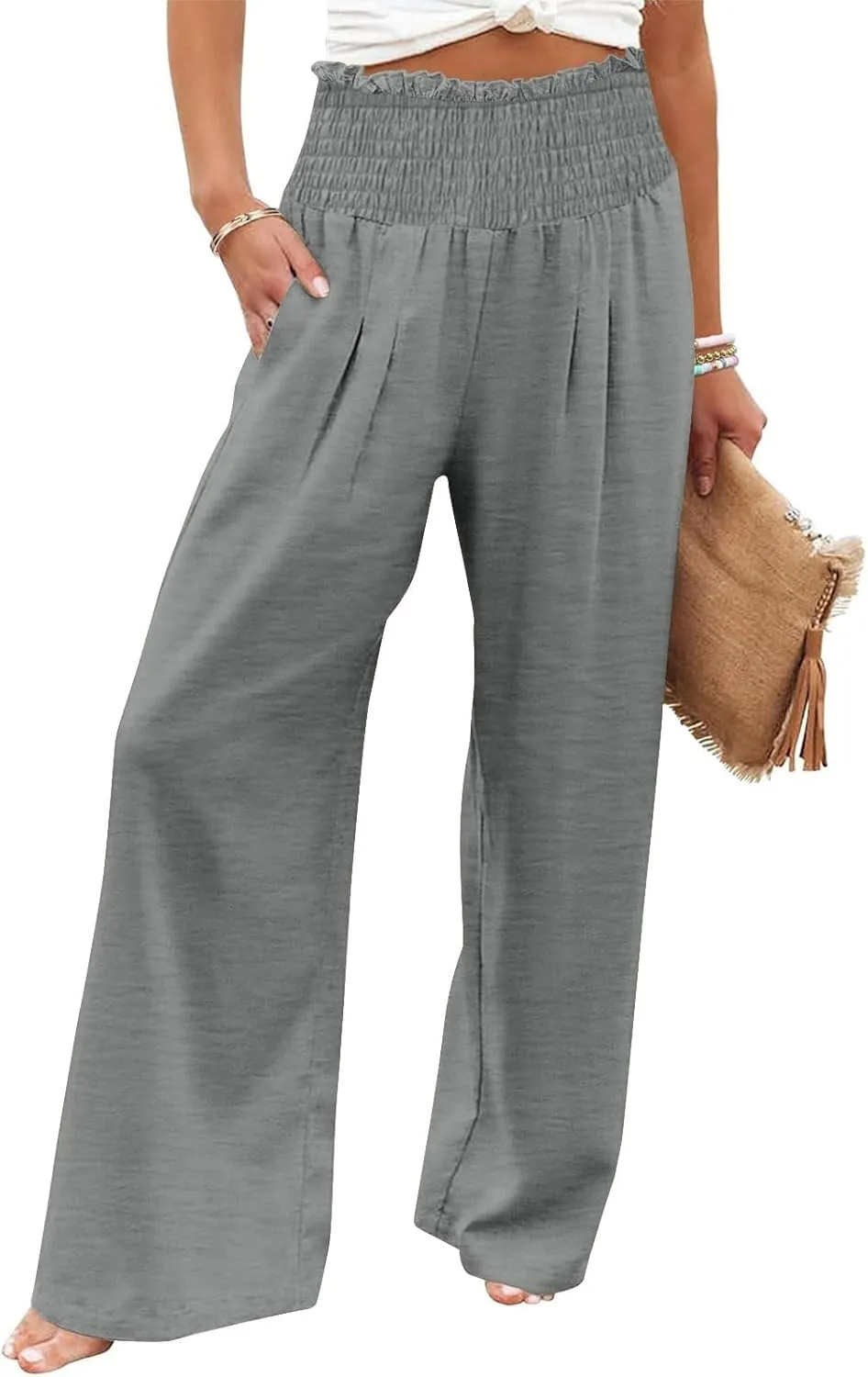 Women Cotton Gaucho Pants Loose Stretchy High Waist Trousers Summer Lightweight Baggy Slacks Solid Home Lounge Outfit