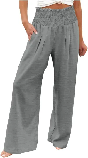 Women Cotton Gaucho Pants Loose Stretchy High Waist Trousers Summer Lightweight Baggy Slacks Solid Home Lounge Outfit