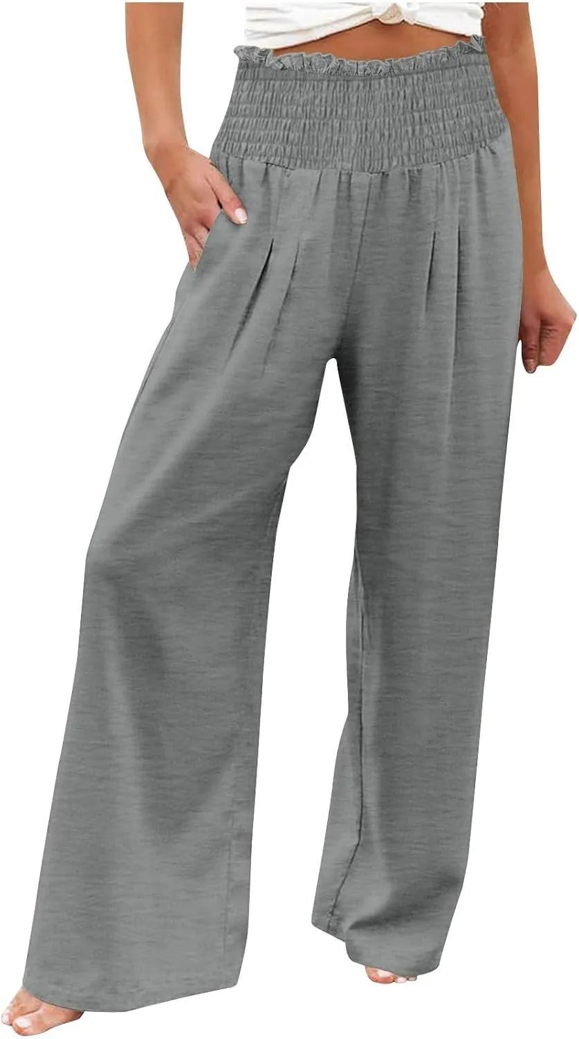 Women Cotton Gaucho Pants Loose Stretchy High Waist Trousers Summer Lightweight Baggy Slacks Solid Home Lounge Outfit