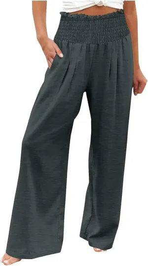 Women Cotton Gaucho Pants Loose Stretchy High Waist Trousers Summer Lightweight Baggy Slacks Solid Home Lounge Outfit