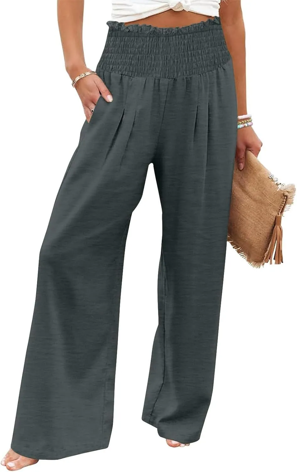Women Cotton Gaucho Pants Loose Stretchy High Waist Trousers Summer Lightweight Baggy Slacks Solid Home Lounge Outfit