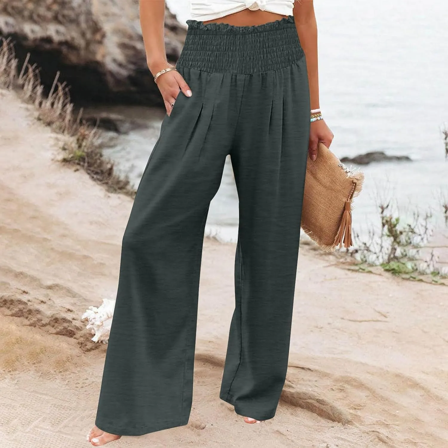 Women Cotton Gaucho Pants Loose Stretchy High Waist Trousers Summer Lightweight Baggy Slacks Solid Home Lounge Outfit