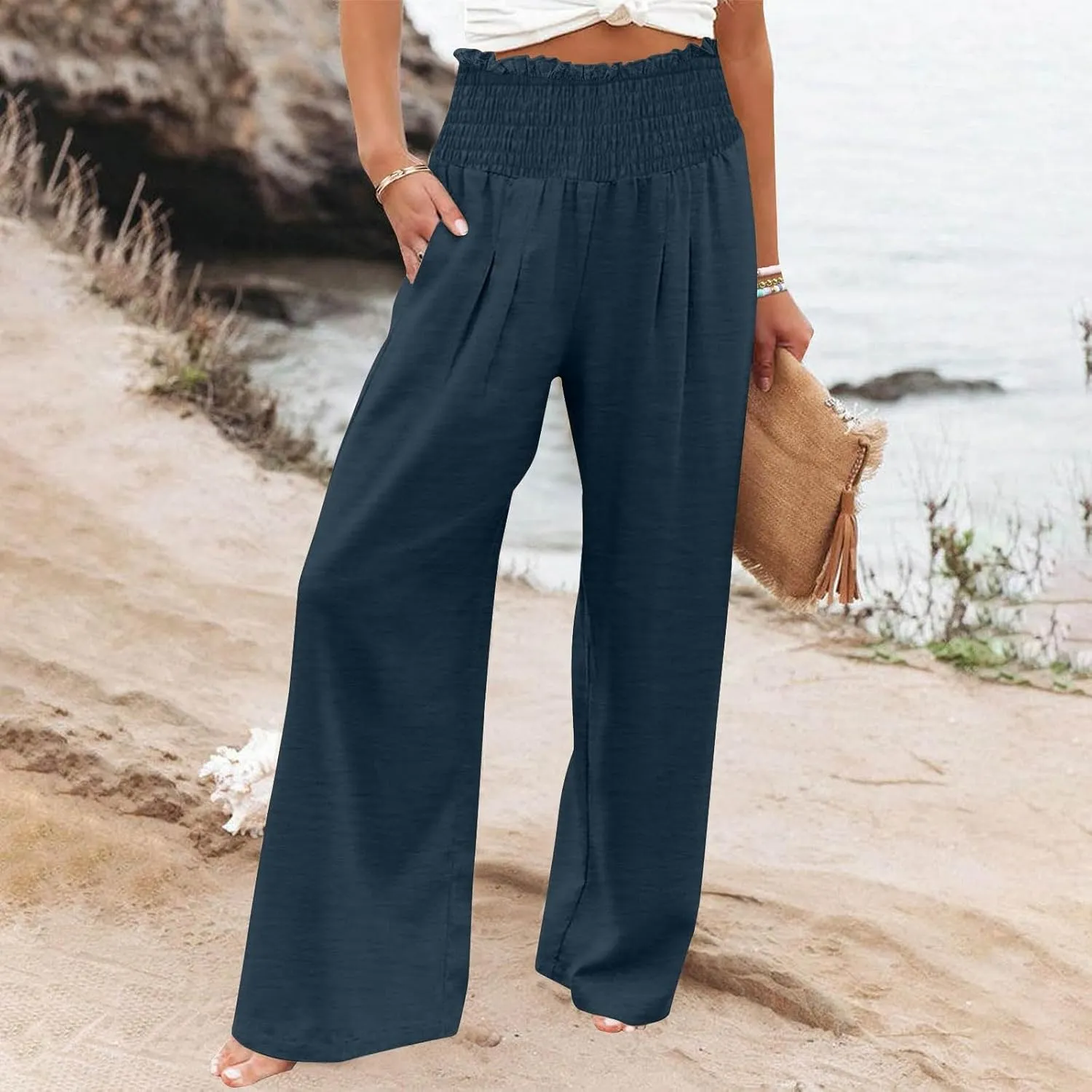 Women Cotton Gaucho Pants Loose Stretchy High Waist Trousers Summer Lightweight Baggy Slacks Solid Home Lounge Outfit