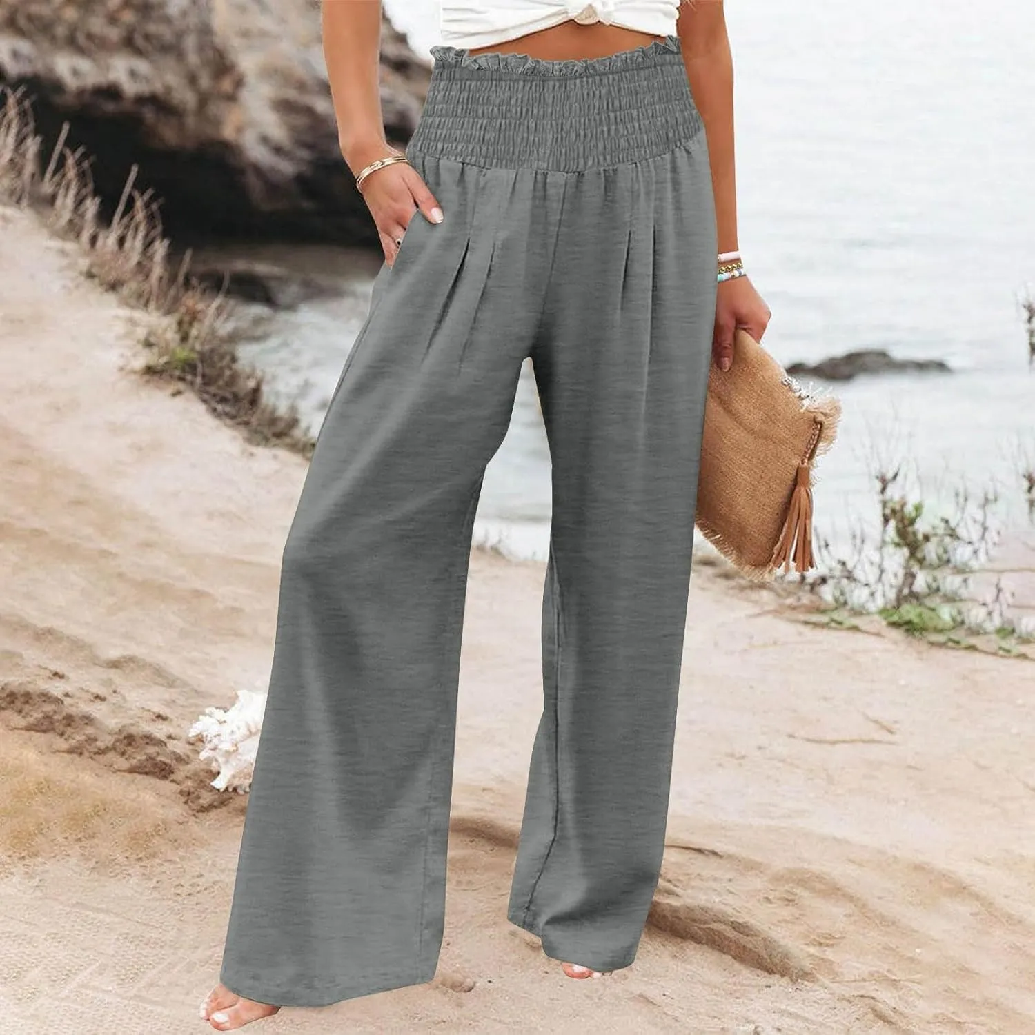Women Cotton Gaucho Pants Loose Stretchy High Waist Trousers Summer Lightweight Baggy Slacks Solid Home Lounge Outfit