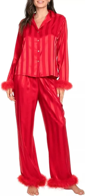 Women Feather Pajamas Silk Satin Lounge Sets Long Sleeve Button Down Shirts and Pants 2 Piece Pj Set